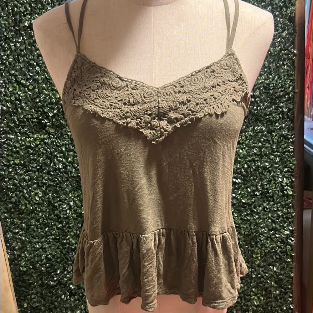 Lace Trim Olive Green Women's Top